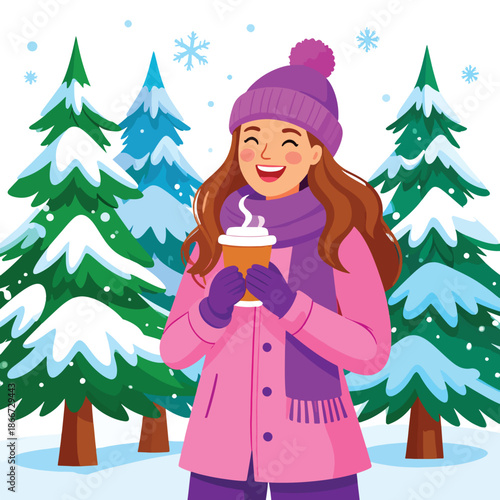 Cheerful Young Woman Enjoying Hot Drink in Snowy Winter Forest Illustration