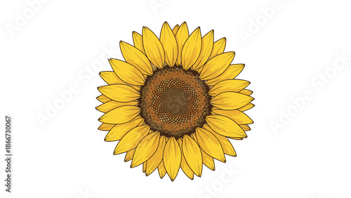 A detailed illustration of a bright yellow sunflower head on a white background