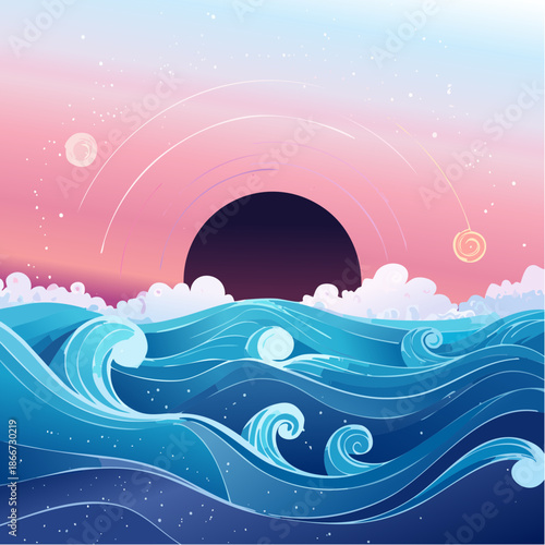 Vibrant ocean waves meet a celestial spectacle, blending dreamy fantasy with nature's power for designs that inspire awe and wonder, originally vector graphics