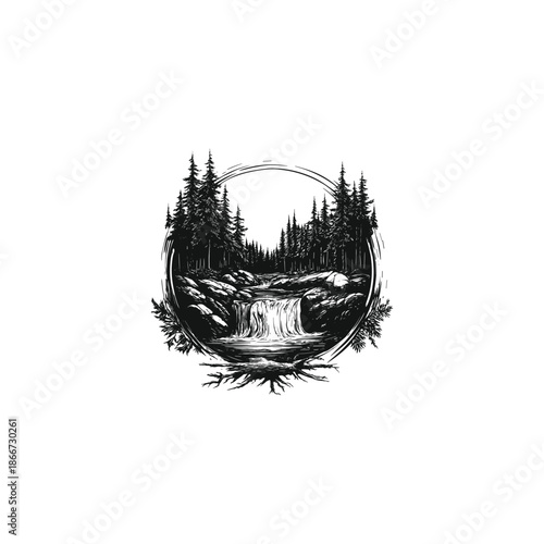 Vintage hand-drawn engraving of a serene waterfall cascading over rocks in a dense pine forest.