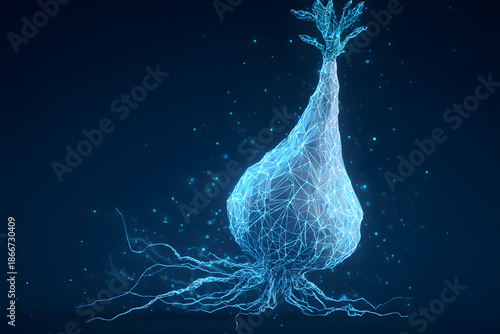 Digital representation of a bulbous plant form with glowing roots in a dark space during a creative design session