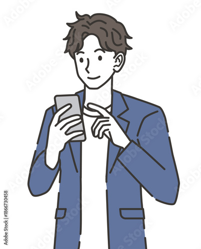スマホを操作するオフィスカジュアルの男性のイラスト