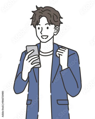 スマホを見て喜ぶオフィスカジュアルの男性のイラスト
