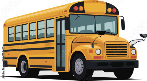 Bright Yellow School Bus Vector Illustration with Black Stripes and Headlights On
