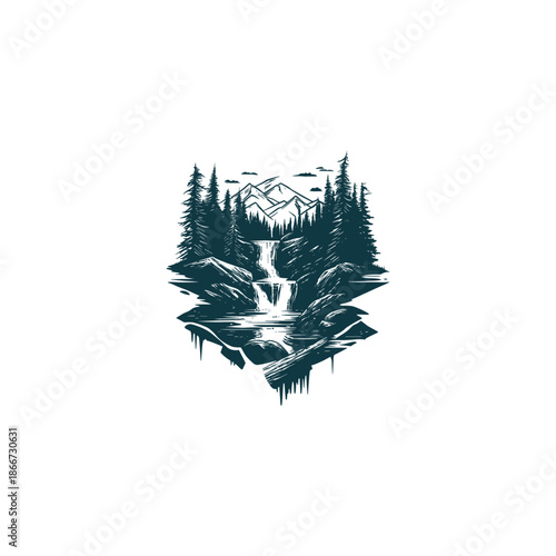 Vintage hand-drawn engraving of a serene waterfall cascading over rocks in a dense pine forest.