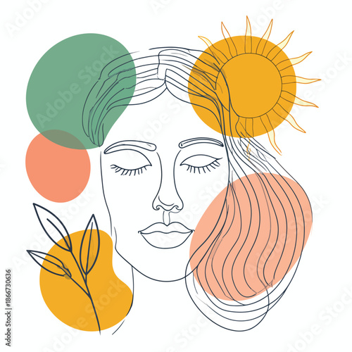 Minimalist line art illustration of a serene woman's face amidst natural and celestial elements