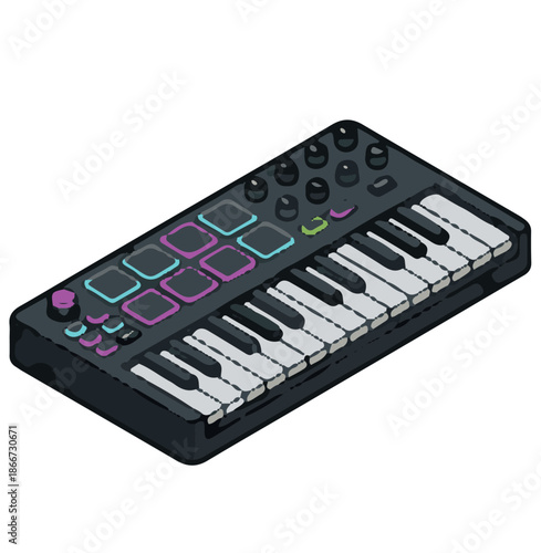 Electronic MIDI keyboard controller for music production vector illustration.
