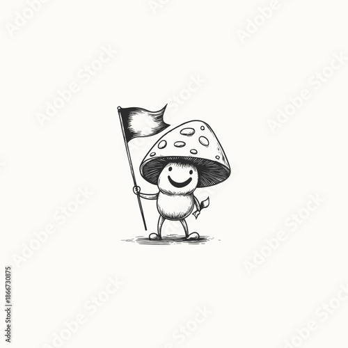 Vintage hand-drawn engraving of a cute anthropomorphic mushroom character walking and holding a small flag.