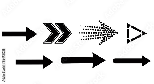 A sleek assortment of black arrow icons in diverse modern and minimalist styles, consistently pointing right, perfect for digital navigation and graphic design.
