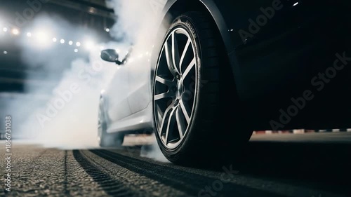 Close-up of a car tire burning rubber on a racetrack, creating smoke and sparks.