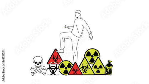 A person steps on hazard signs including skull biohazard and radiation symbols