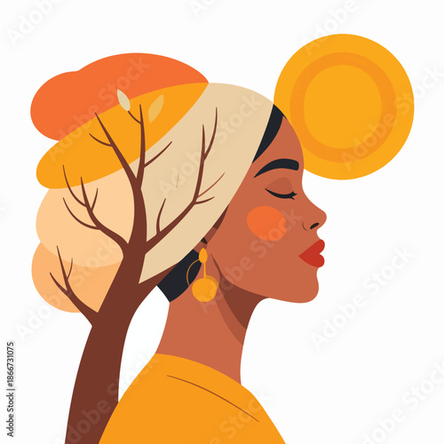 Serene Woman in Autumn Nature Profile Illustration with Sun and Tree Elements