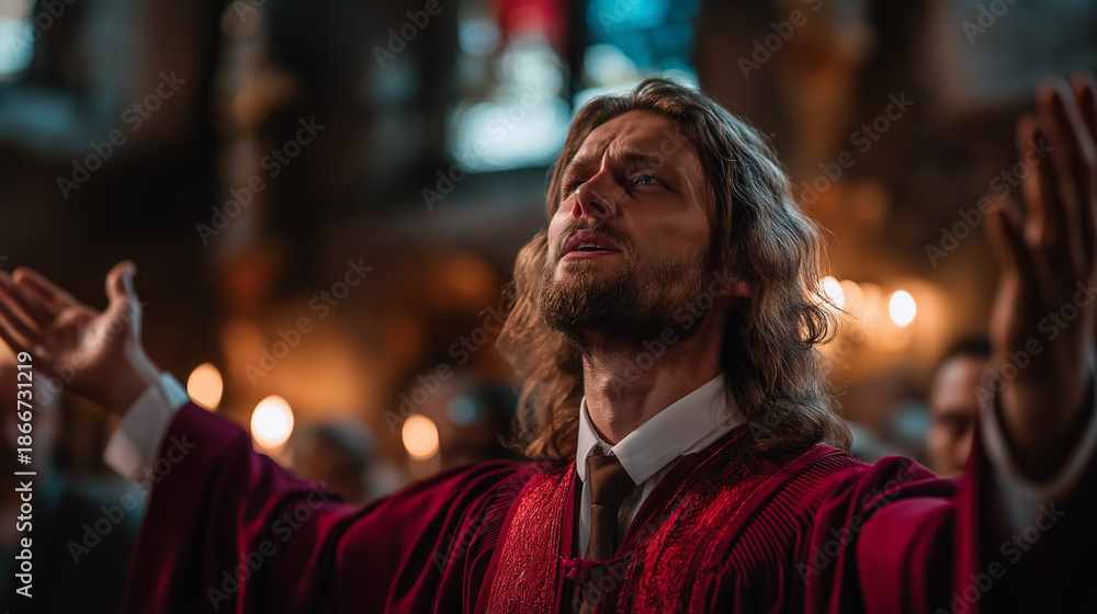 Fototapeta premium Faceless religious figure in ceremonial robes passionately preaching during service, faith and devotion symbolism, worship gathering scene, spiritual leadership, with copy space
