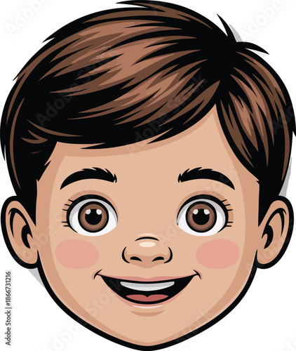 Smiling cartoon boy face illustration with fun expression and bright eyes for childhood concept