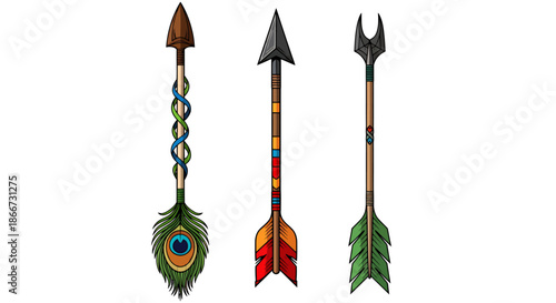 Three unique decorative arrows with colorful and detailed designs on white background.