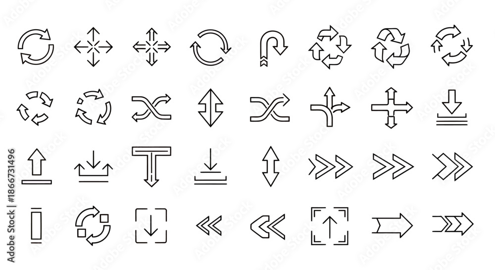 Fototapeta premium Set of various outlined arrow icons with different directions and styles on a white background.
