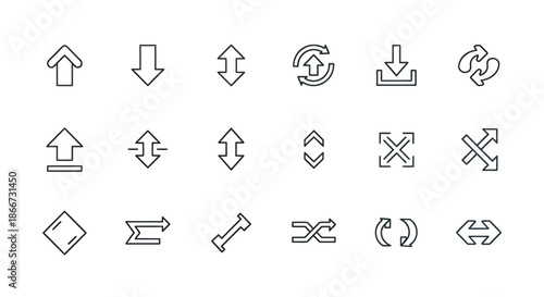 Set of various thin line arrow icons representing directions and movement on white background.