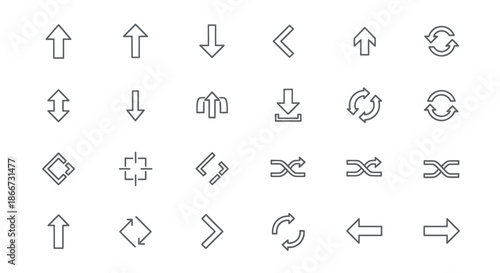 A comprehensive collection of minimalist outline arrow and directional vector icons, perfect for modern user interface design and web navigation elements.