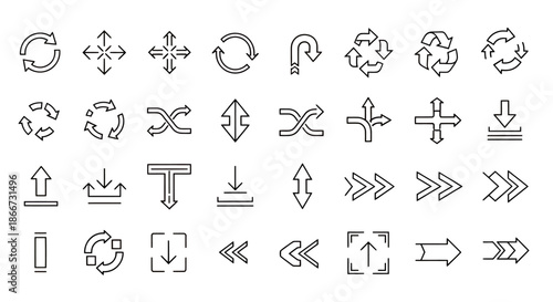 Set of various outlined arrow icons with different directions and styles on a white background.