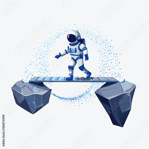 Astronaut confidently crossing bridge in space, a symbol of adventure and exploration, perfect for inspiring creativity and futuristic innovation projects