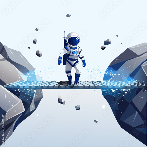 Brave astronaut confidently exploring distant planet, bridging the gap and venturing into the unknown with a futuristic space suit and unwavering determination