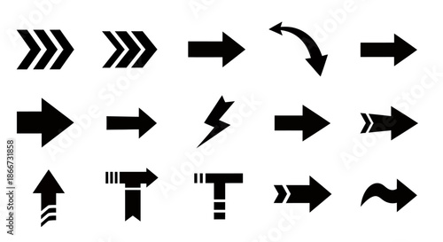 A diverse collection of black arrow icons in various styles, perfect for user interface design, navigation, and directional indicators on websites or applications.