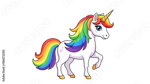 A white cartoon unicorn with a vibrant rainbow mane and tail on a white background