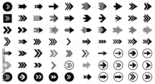 Collection of various black and white arrow icons in different styles and directions.