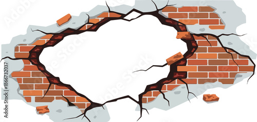 Cracked Brick Wall with a Hole Vector Illustration of Damage and Destruction