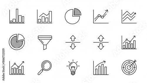 A collection of business and finance icons including graphs charts and analytics symbols in a simple line style on a white