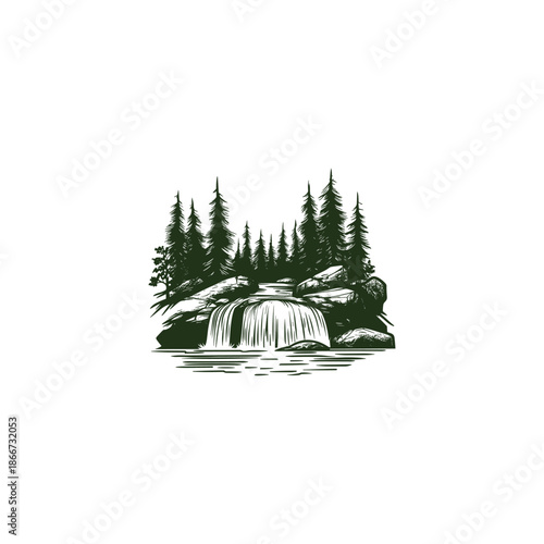 Vintage hand-drawn engraving of a serene waterfall cascading over rocks in a dense pine forest.
