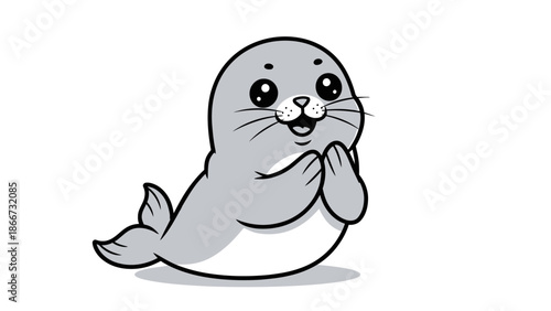 Adorable cartoon seal gray and white clapping flippers white background