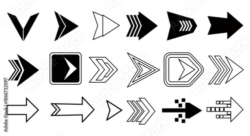 Set of various black and white arrow icons with different styles and shapes for graphic design use.