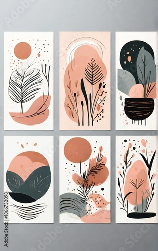 Set of six abstract botanical and landscape art prints in warm earthy tones