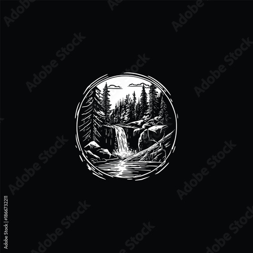 Vintage hand-drawn engraving of a serene waterfall cascading over rocks in a dense pine forest.