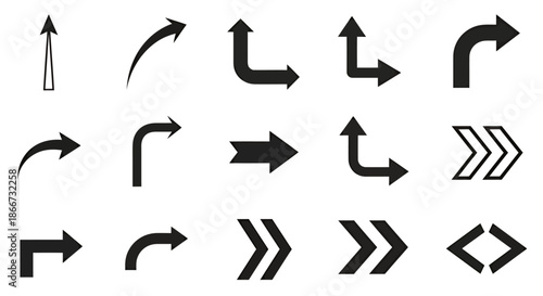 Set of various black directional arrow icons with different shapes and angles.