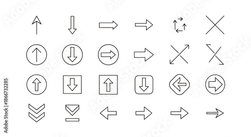 Set of various minimalistic black outline arrow icons on a white background.
