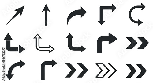 Set of various black directional arrow icons with different shapes and angles.