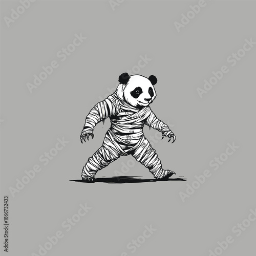 Vintage hand-drawn engraving of a giant panda bear wrapped in mummy bandages like a classic horror movie monster.