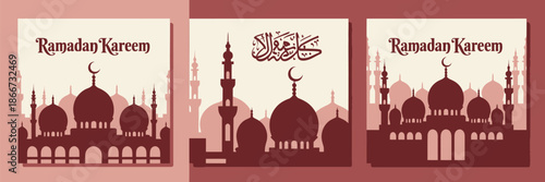 Ramadan Kareem Greeting Cards with Mosque Silhouettes