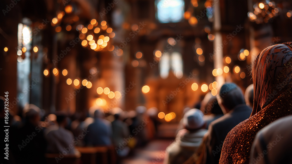 Obraz premium Defocused religious leaders conducting worship in historic synagogue, blurred ceremonial service, Jerusalem setting, faith community gathering, traditional religious architecture,
