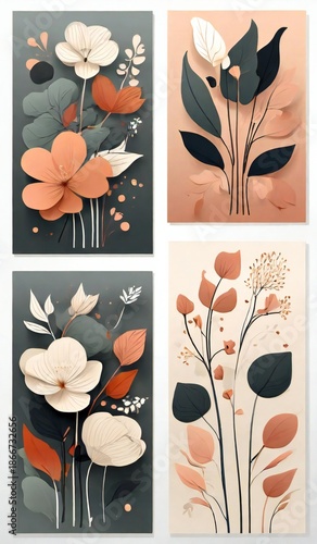 Four abstract floral illustrations with soft colors and organic shapes