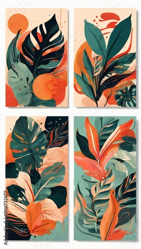 Four square abstract tropical leaf arrangements with vibrant orange and teal colors