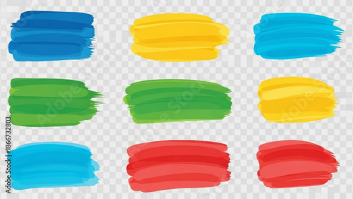 Vibrant colorful brush strokes in blue green yellow and red on transparent background for design and artistic use