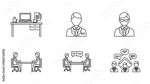A set of six black and white line art office icons depicting business professionals working at desks and communicating