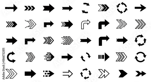 Collection of various black arrow icons in different styles and directions on a white background.