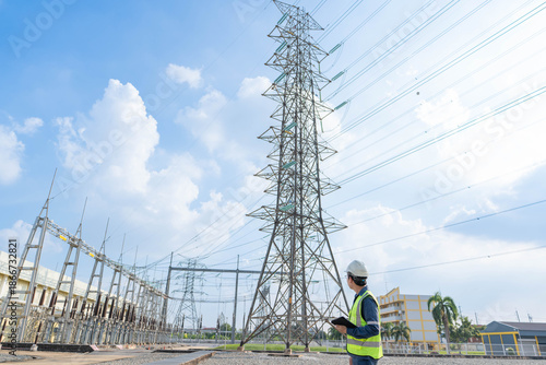 Schilderij op canvas Rear view of electrical engineer wearing safety vest and hardhat holding tablet, looking at high voltage power transmission tower and substation infrastructure under blue sky
