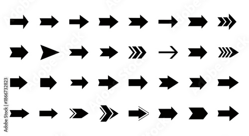 Set of various black arrow icons in different styles on a white background.