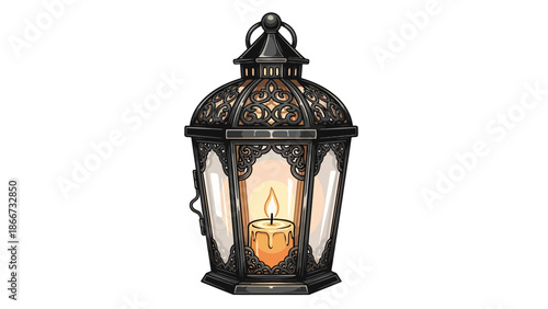 Antique black metal lantern illuminated by a single dripping candle inside