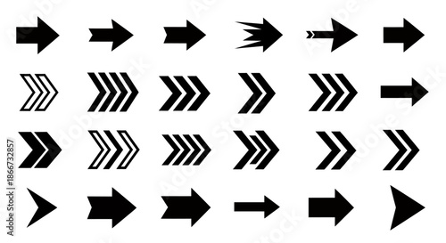 Set of various black arrow icons in different styles pointing to the right direction.